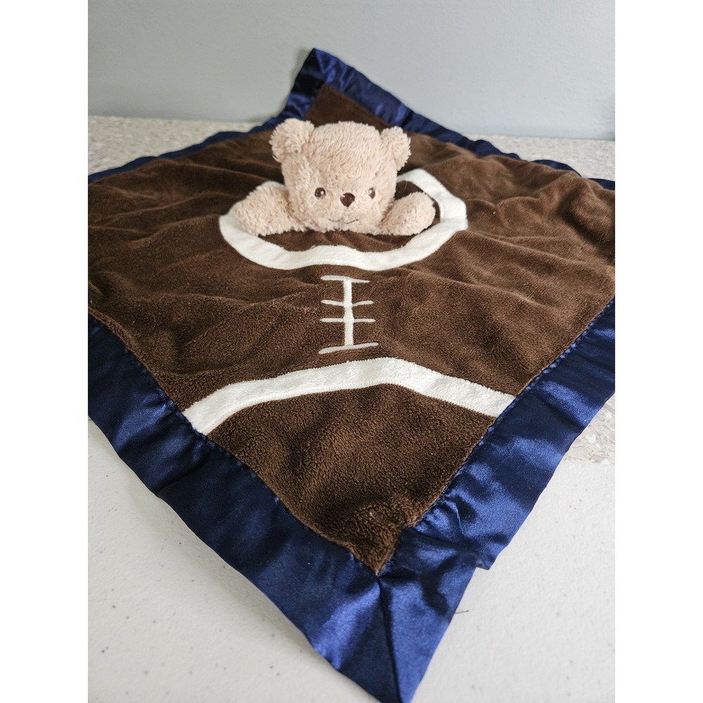 Teddy Bear Football Lovey Security Blanket Satin Brown Navy Blue Baby 18"